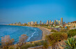 Mediterranean seaside of Tel Aviv. Sun set view from the park at old town of Jaffa.