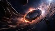 Embark on a thrilling odyssey as a spacecraft delves into a wormhole. Space-time manipulation, intergalactic journey, cosmic distortion, futuristic exploration, mind-expanding. Generated by AI.