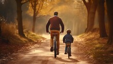 View From Behind On Father Riding On A Bike With His Little Son