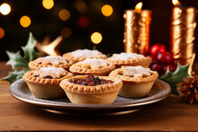 Freshly Baked Mince Pies On A Holly Decorated Plate