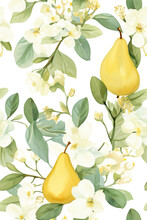 A Seamless Pattern With Pear And Blossom Motifs In Yellow And Green Hues, Perfect For A Fresh And Fruity Look.