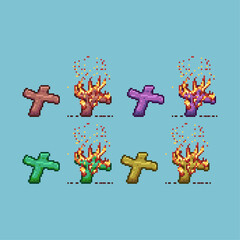 Fototapete - Pixel art sets of plus grave halloween with variation color item asset simple bits of grave with fire on pixelated style 8bits perfect for game asset or design asset element for your game design asset