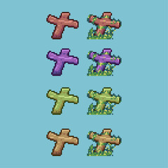 Fototapete - Pixel art sets of plus grave halloween with variation color item asset simple bits of grave with moss on pixelated style 8bits perfect for game asset or design asset element for your game design asset