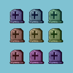 Fototapete - Pixel art sets of rip grave halloween with variation color item asset. simple bits of grave on pixelated style 8bits perfect for game asset or design asset element for your game design asset