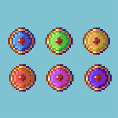 Poster - Pixel art sets of shield for defense with variation color item asset. simple bits of shield rpg game on pixelated style 8bits perfect for game asset or design asset element for your game design asset
