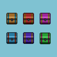 Fototapete - Pixel art sets of chest coin with variation color item asset. simple bits of inventory chest rpg game on pixelated style 8bits perfect for game asset or design asset element for your game design asset