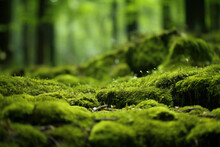 Green Moss Grown Up Cover The Rough Stones And On The Floor In The Forest. Mystic Atmosphere. Generative AI