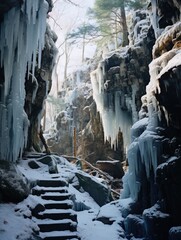 Wall Mural - A frozen waterfall in the woods with steps leading up to it, AI