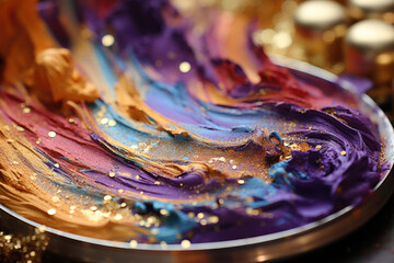 Poster - make up painting with colorful stripes, gold glitters, solid brushstroke