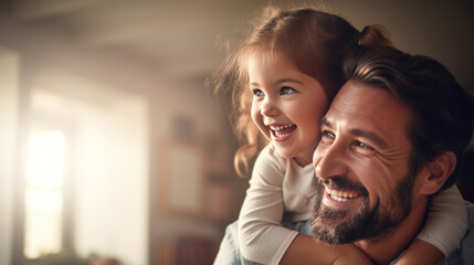 Happy daughter hugs her father from behind and laughs