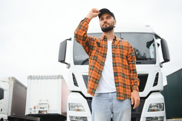 Men driver near lorry truck. Man owner truck driver near truck. Man trucker trucking owner. Transportation industry vehicles. Handsome man driver front of truck.