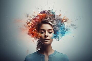 Concept of mental health. Portrait of a pensive woman with flying colors on her head.