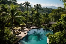 Image Of A Hotel With A Pool In A Rainforest.