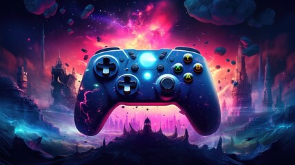 Wall Mural - Colorful video game controller on black background.