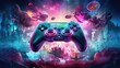 Gamepad on abstract colorful watercolor splashes background
