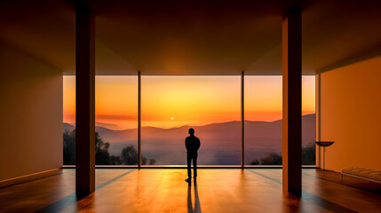 the figure of a man in front of a large window of a room watching the sunset