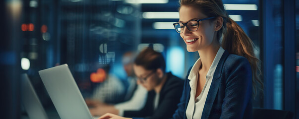 Cheerful woman working diligently in a data center. Digital world in female professional hands. Copy space