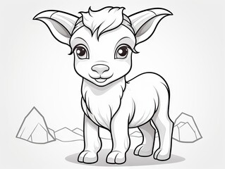 Wall Mural -  a cartoon goat with big eyes and a short hair standing in front of a mountain range.  generative ai