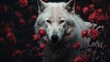  a white wolf with red eyes standing in a field of roses.  generative ai