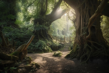 Wall Mural - Magic fairytale enchanted forest with big trees and lush vegetation