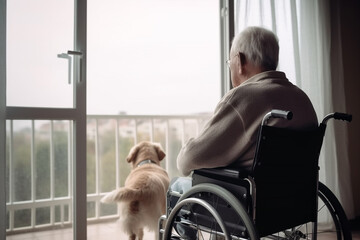 Wall Mural - Lonely elderly senior person in wheelchair in nursing home, sitting by the window with his dog.