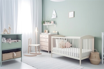 Wall Mural - Modern minimalist nursey room interior with stylish furniture and toys.