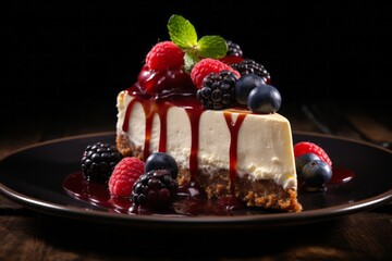 Wall Mural - Food photograph for New-York cheesecake with berries on dark background