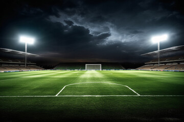 Soccer stadium with green grass and illumination at night