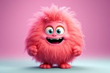 Wall Mural - Cute pink furry monster 3D cartoon character