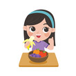 A Little Girl happy to eat fruits. She love vegetables and fruits. Healthy foods with benefits. Healthy food concept.