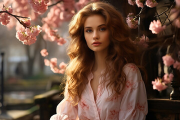 Young woman in springtime park with blooming trees with pink flowers.