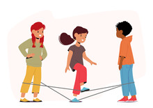 Kids Play Gummitwist By Using A Long Elastic Band Stretched Between Two Player Legs. Characters Jump Vector Illustration