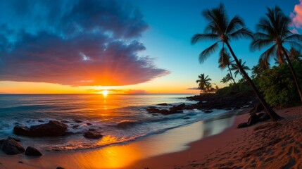 Wall Mural - Hawaiian Sunset at Secret Wedding Beach in Maui - Stunning Tropical Landscape of Palm Trees, Sand, and Ocean Water