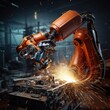 Industrial robot manipulator welds parts