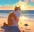 Linda ilustração digital de um gato gordo na areia da praia na costa brasileira num lindo pôr do sol. Arte digital do nascer do sol em incríveis férias na praia. Pintura digital nas praias do Brasil.