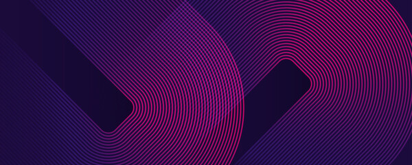 Dark abstract background with glowing geometric lines. Modern pink purple gradient lines. Shiny diagonal rounded rectangle pattern. Minimal geometric element. Futuristic concept. Vector illustration