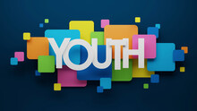 3D render of YOUTH typography with colorful squares on dark blue background