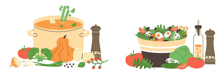 Wall Mural - Soup pot with vegetables pumpkin, salad with tomatoes cucumbers, mushroom, vegetarian menu vector flat illustrations set