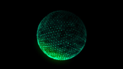 Wall Mural - Abstract green sphere on black background. Wireframe circle structure with glowing particles and lines. Futuristic digital illustration. 3D rendering.