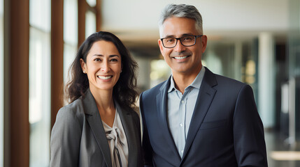 Wall Mural - Happy confident professional mature Latin business man and Asian business woman corporate leaders managers standing in office, two diverse colleagues executives team together, vertical portrait 