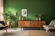 Green living room with wooden sideboard and space for display. Generative AI