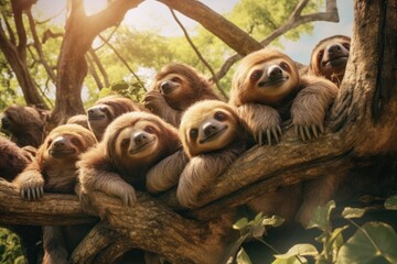Aufkleber - A group of sloths hanging out together in a tree. This image captures the relaxed and slow-paced nature of these fascinating creatures. Perfect for nature enthusiasts and those looking to add a touch 