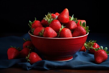 Wall Mural - A vibrant image featuring a red bowl filled with delicious ripe strawberries. Perfect for food-related projects and healthy lifestyle concepts.