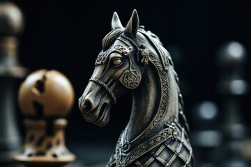 Poster - A detailed close-up view of a statue of a horse placed on a chess board. This image can be used to depict strategic planning, decision-making, or the concept of competition.