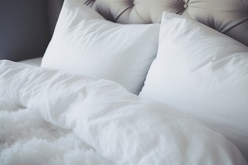 Canvas Print - A close up view of a bed with white pillows. This image can be used to showcase a comfortable and inviting bedroom setting.