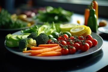 Poster - A plate of fresh vegetables displayed on a table. This image can be used for healthy eating, cooking, or vegetarian lifestyle concepts.