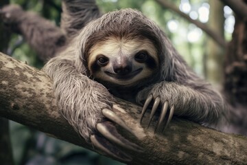 Aufkleber - A sloth is sitting on a tree branch. This image can be used to depict relaxation, nature, or wildlife.