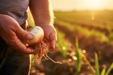 Poster - A person holding an onion in a field. This image can be used to depict farming, agriculture, or healthy eating.