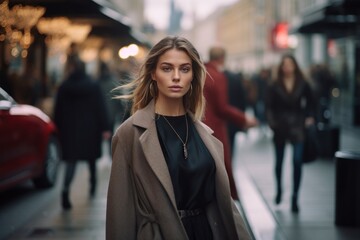 Poster - A woman standing on a sidewalk in a bustling city. This image can be used to depict urban lifestyle or as a representation of a modern cityscape.