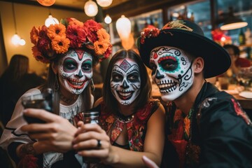 Wall Mural - Three people dressed up in Day of the Dead costumes. Perfect for Halloween parties or cultural events.